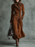 Women's long double-breasted brown faux suede coat with piped lapels