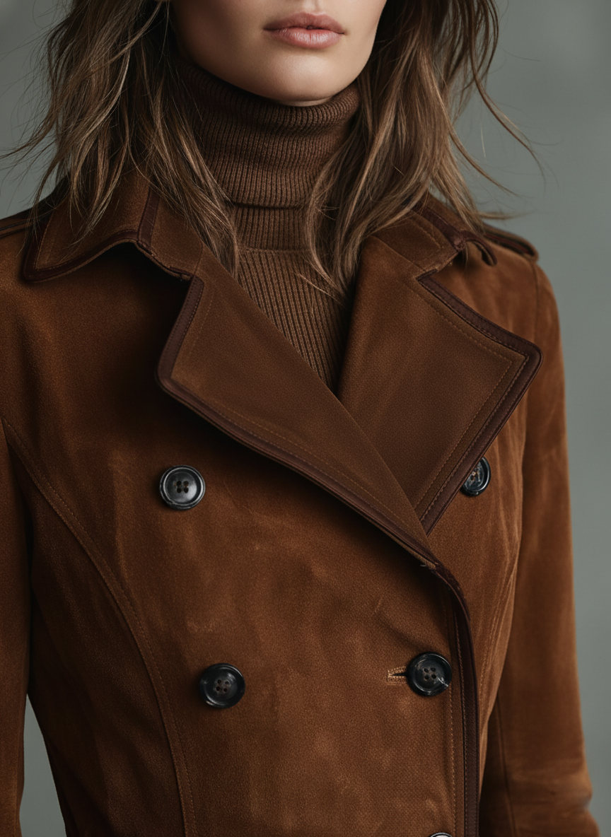 Women's long double-breasted brown faux suede coat with piped lapels - view 2