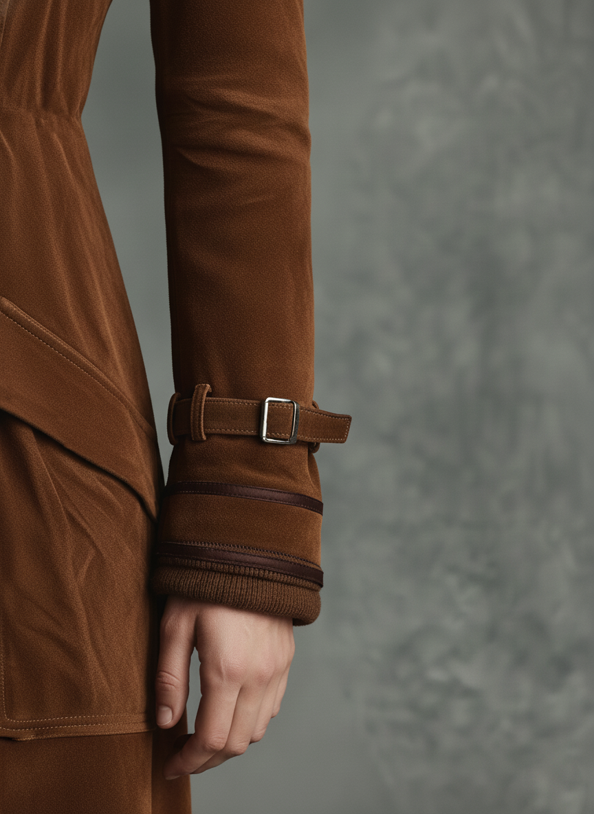 Women's long double-breasted brown faux suede coat with piped lapels - view 3