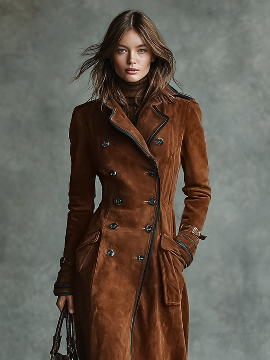 Women's long double-breasted brown faux suede coat with piped lapels - view 4
