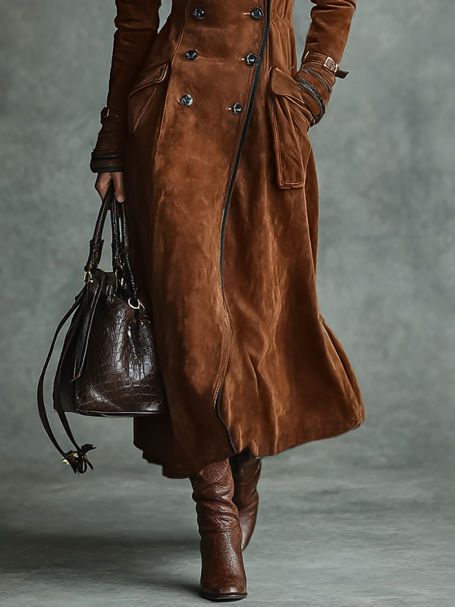 Women's long double-breasted brown faux suede coat with piped lapels - view 5
