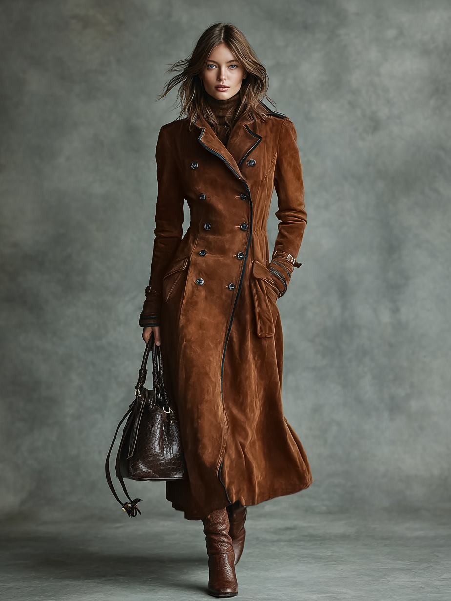 Women's long double-breasted brown faux suede coat with piped lapels - view 6