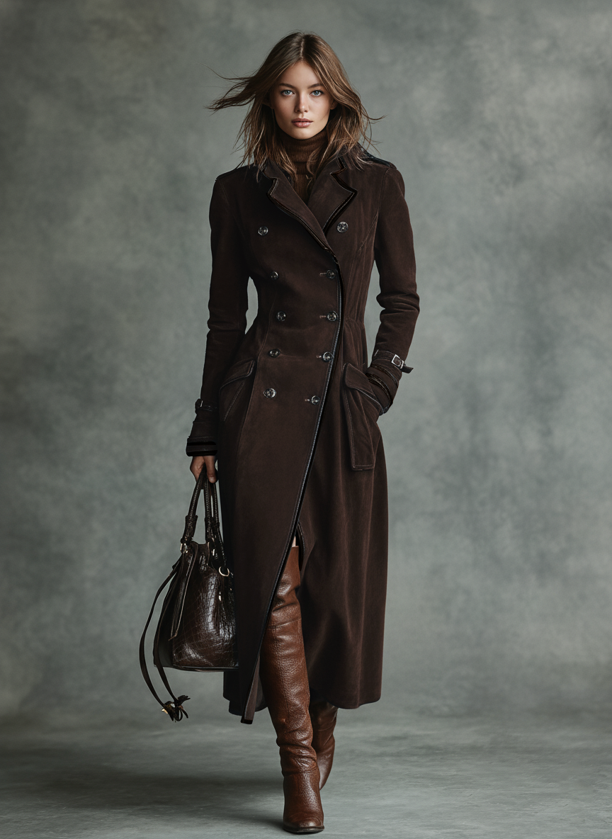 Women's long double-breasted brown faux suede coat with piped lapels - view 7