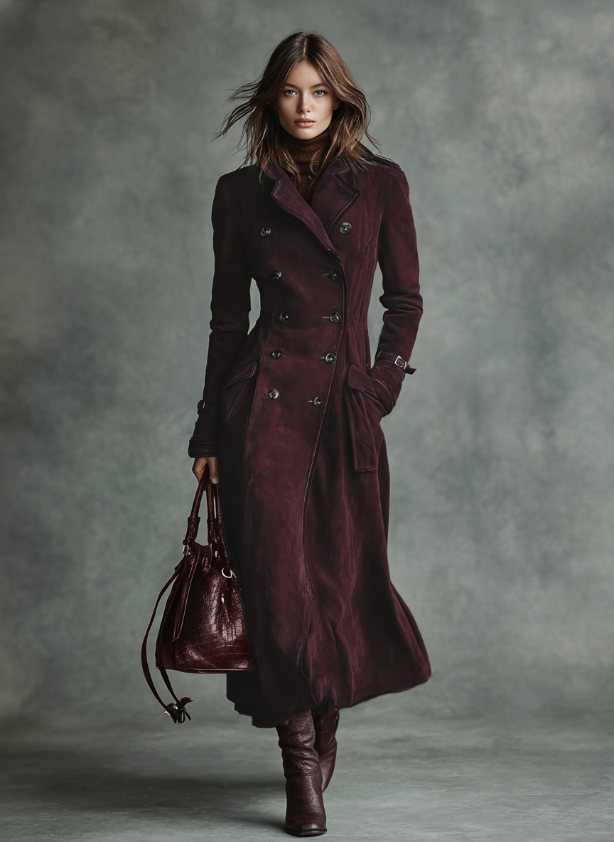 Women's long double-breasted brown faux suede coat with piped lapels - view 8