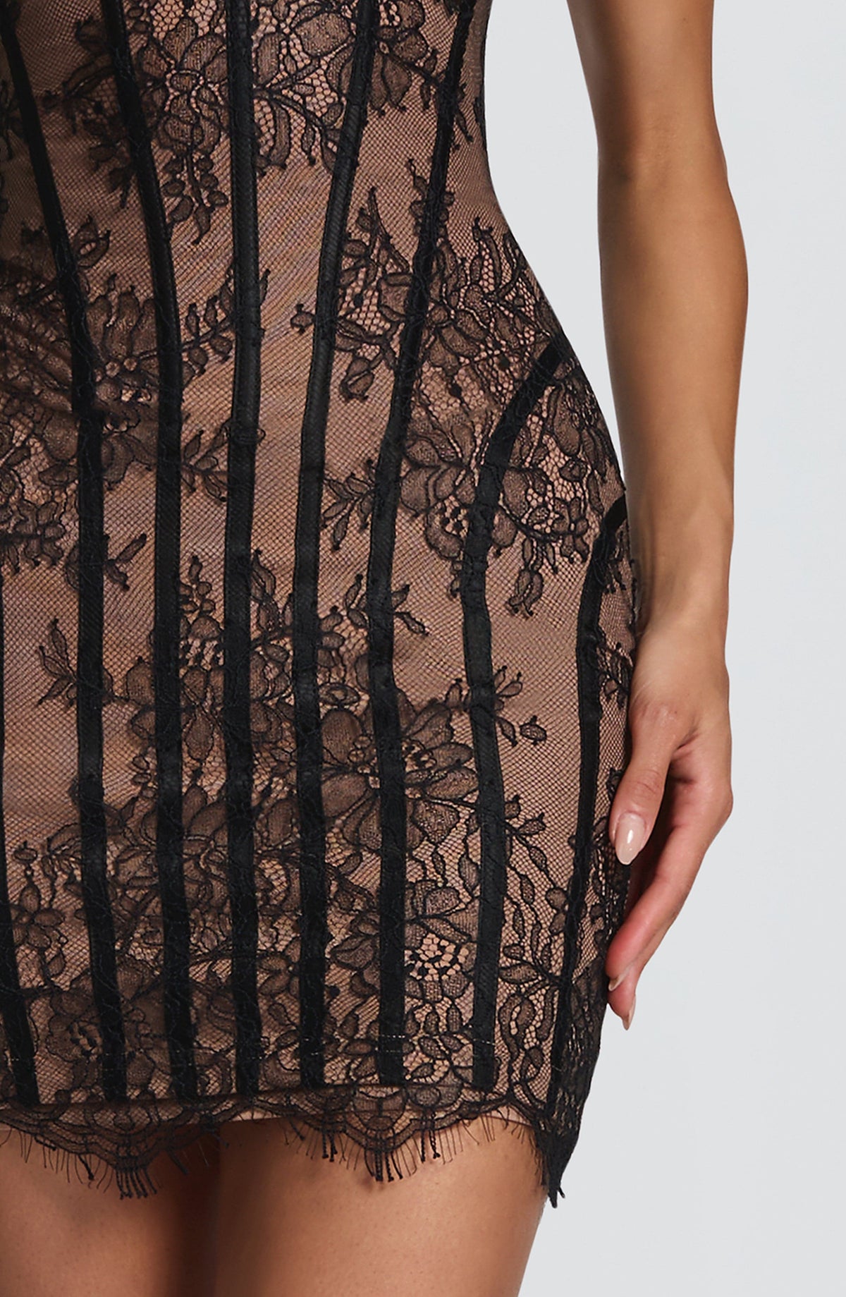 Black floral lace strapless corset mini dress with sweetheart cups and scalloped lace hem - view 3