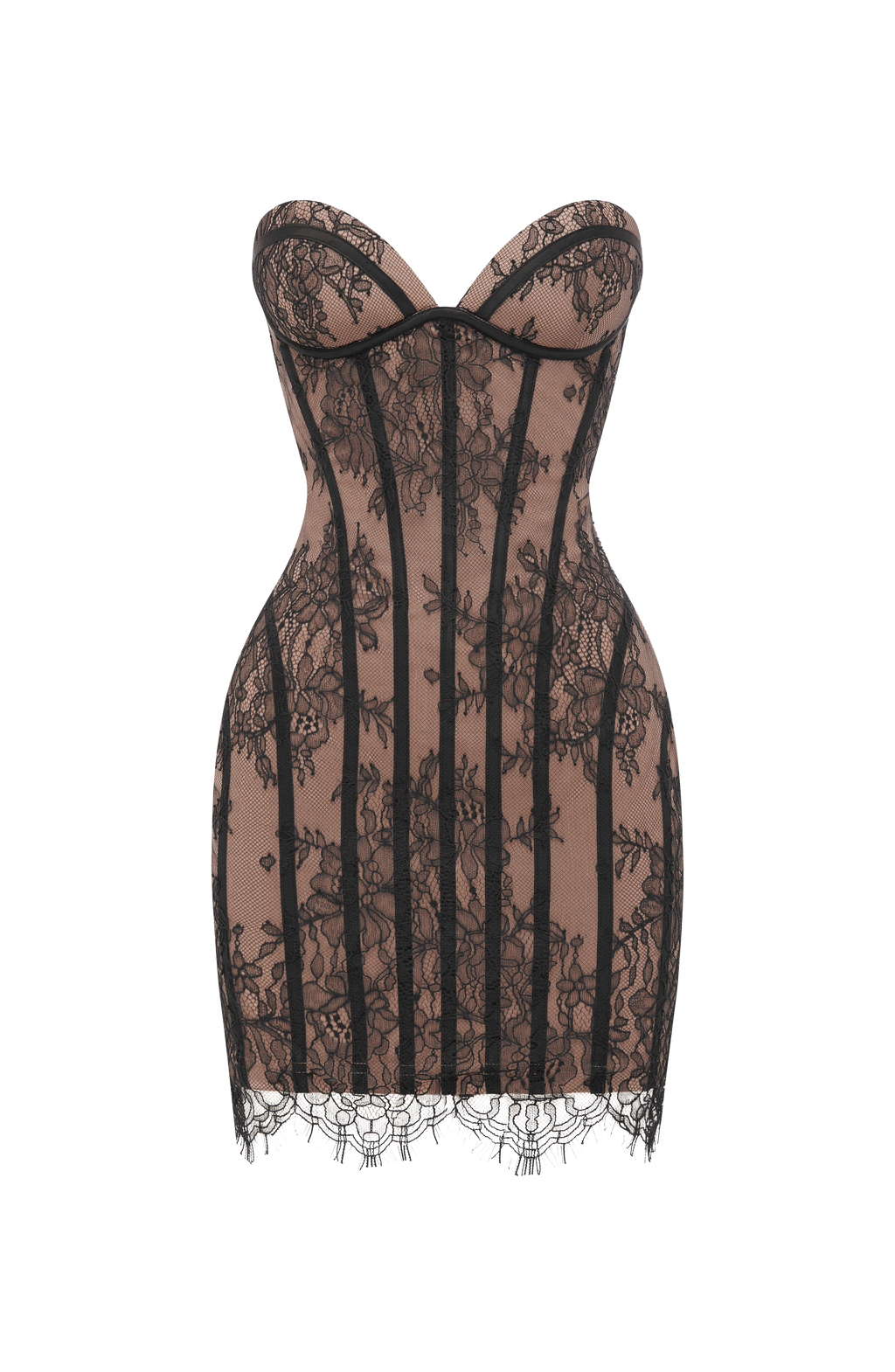 Black floral lace strapless corset mini dress with sweetheart cups and scalloped lace hem - view 9