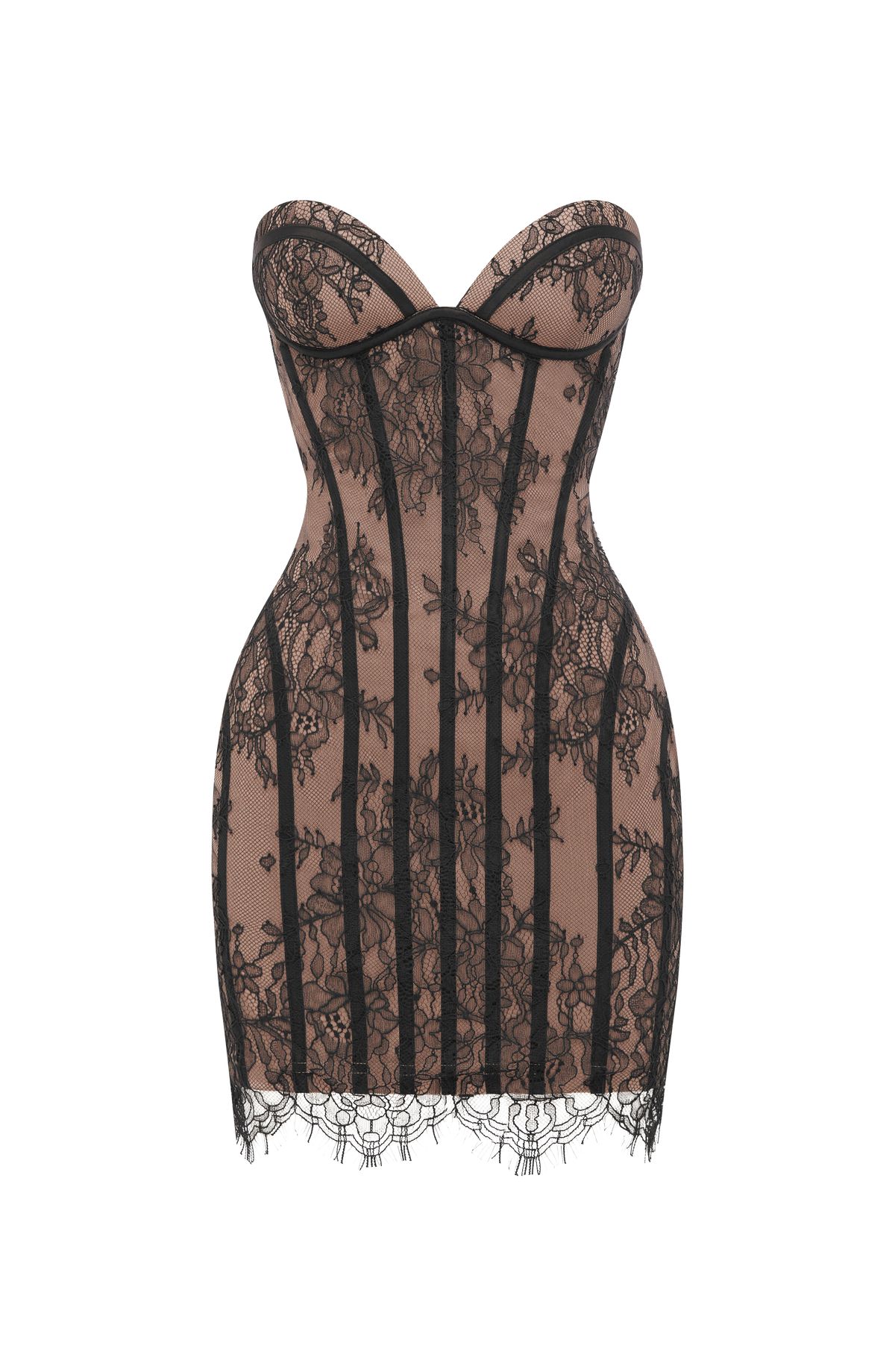 Black floral lace strapless corset mini dress with sweetheart cups and scalloped lace hem - view 9