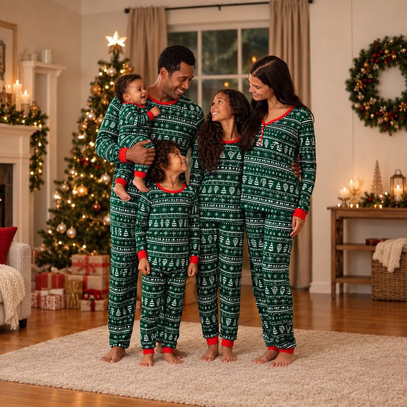 Family holiday pajamas in evergreen with white Christmas tree print