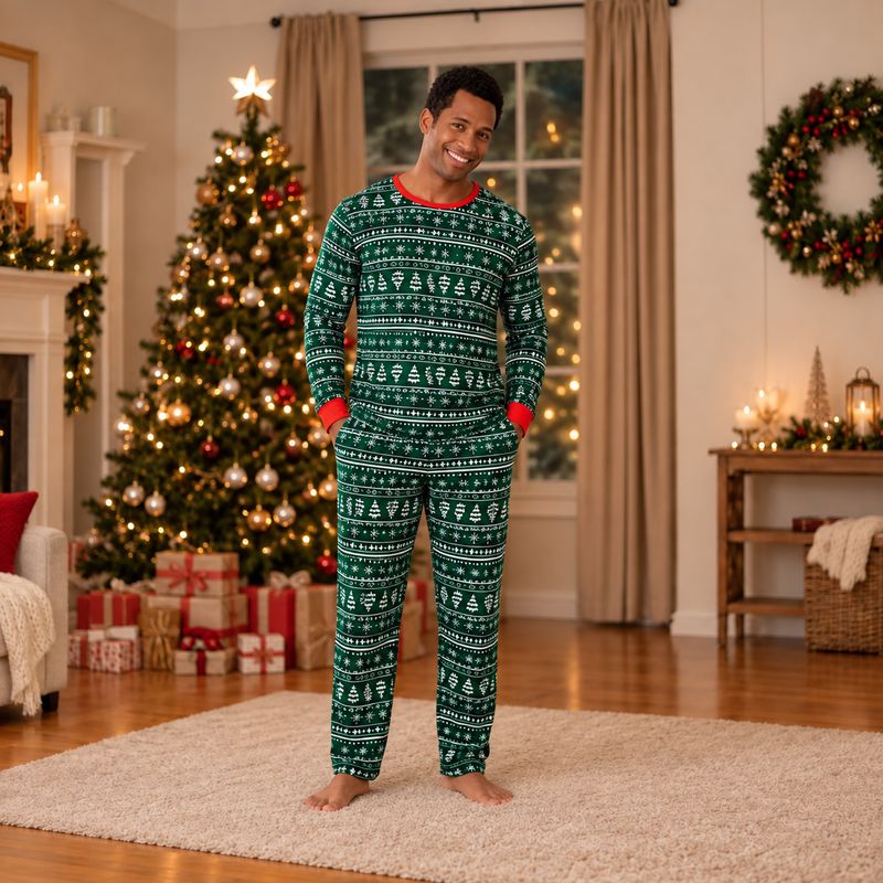 Family holiday pajamas in evergreen with white Christmas tree print - view 2