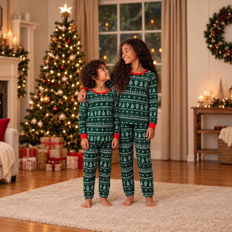 Family holiday pajamas in evergreen with white Christmas tree print - view 4