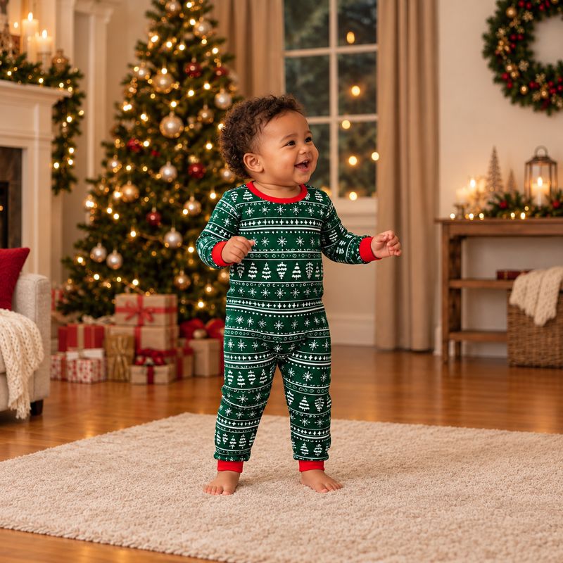 Family holiday pajamas in evergreen with white Christmas tree print - view 5