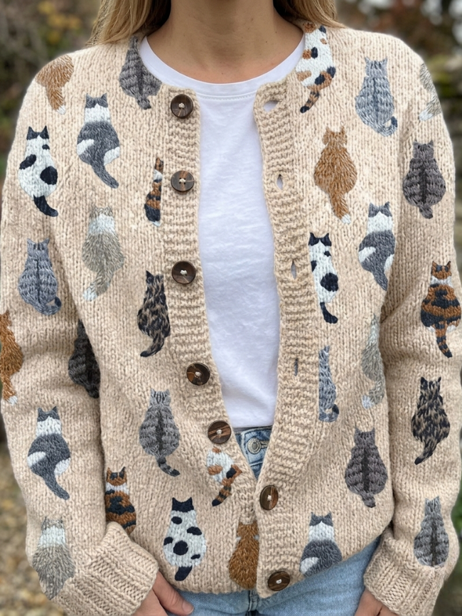 Cleo Cat Print Button-Front Cardigan - front view