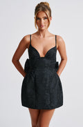 Little black corset mini dress in floral jacquard with lace-up back, statement bow and bubble skirt - view 8