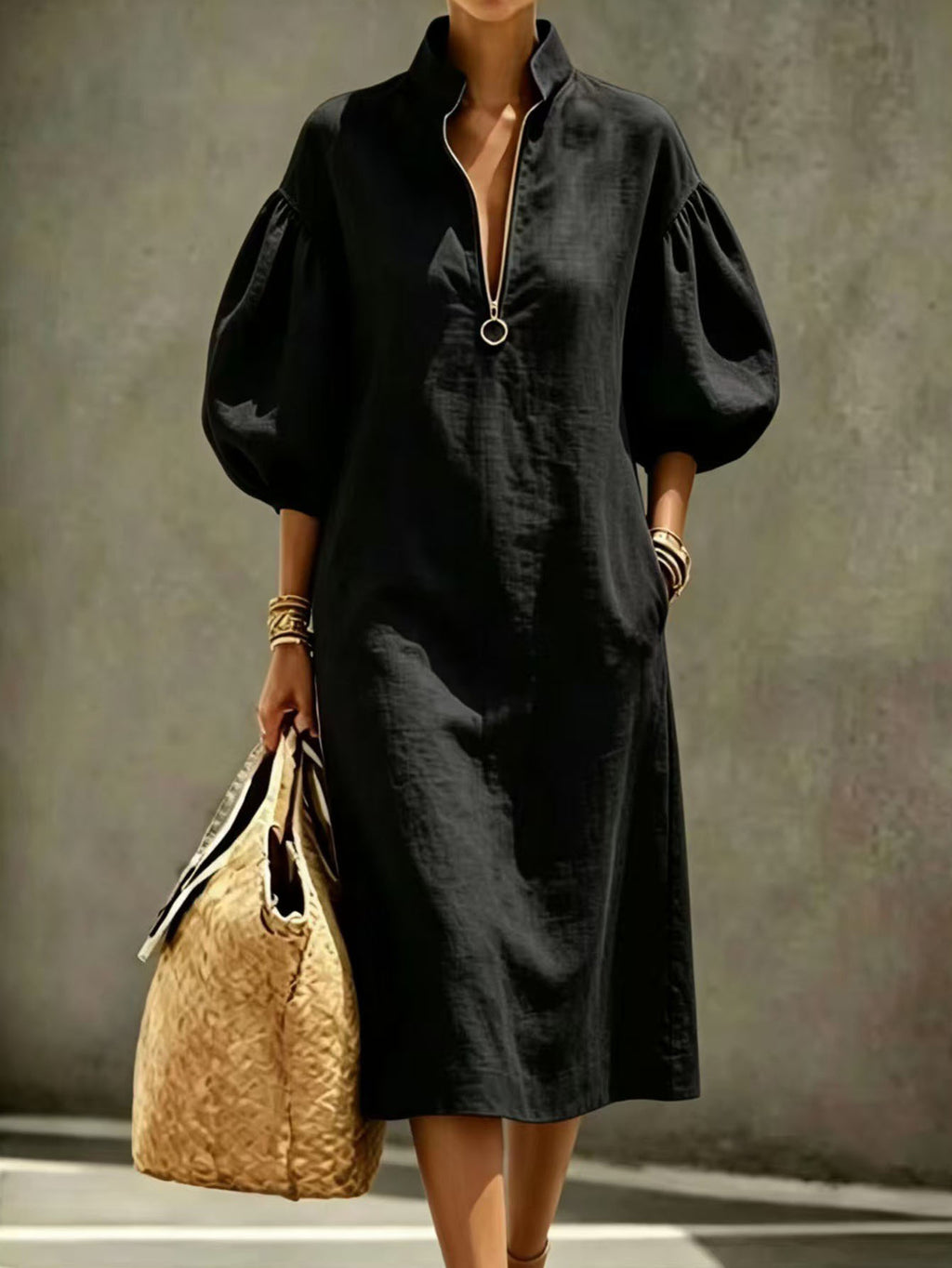 Palmer | Stand Collar Half-Zip Puff Sleeve Midi Dress