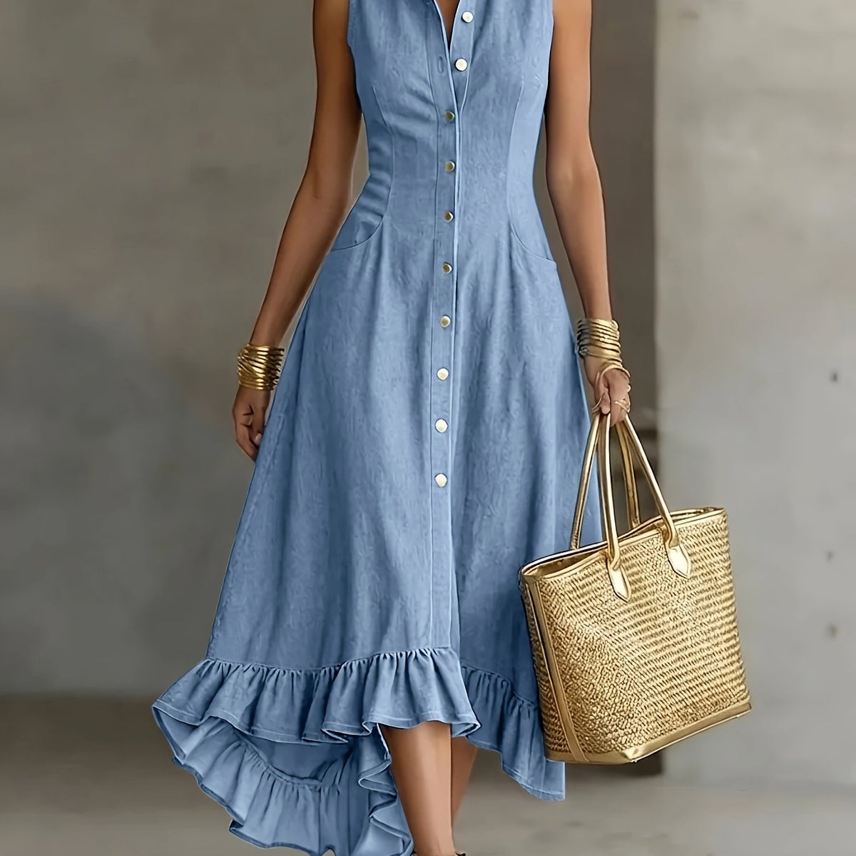 Hollis | Denim-Look Lapel Button-Up Midi Dress