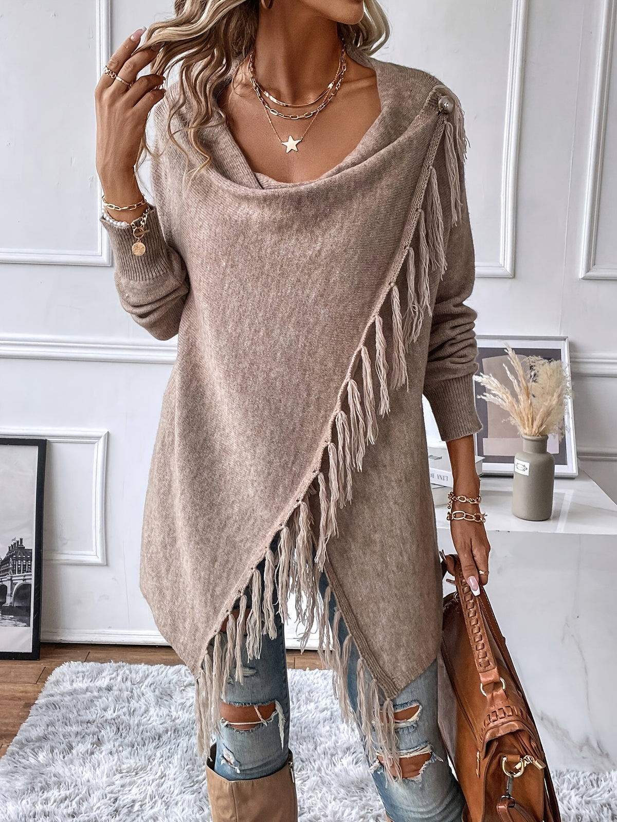 Seraphine | Fringed Draped Neck Shawl - front view