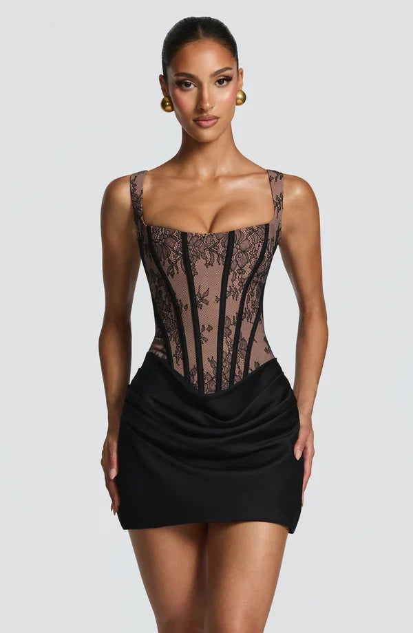 Corset homecoming mini dress with square neckline, lace-up back and draped skirt - view 14