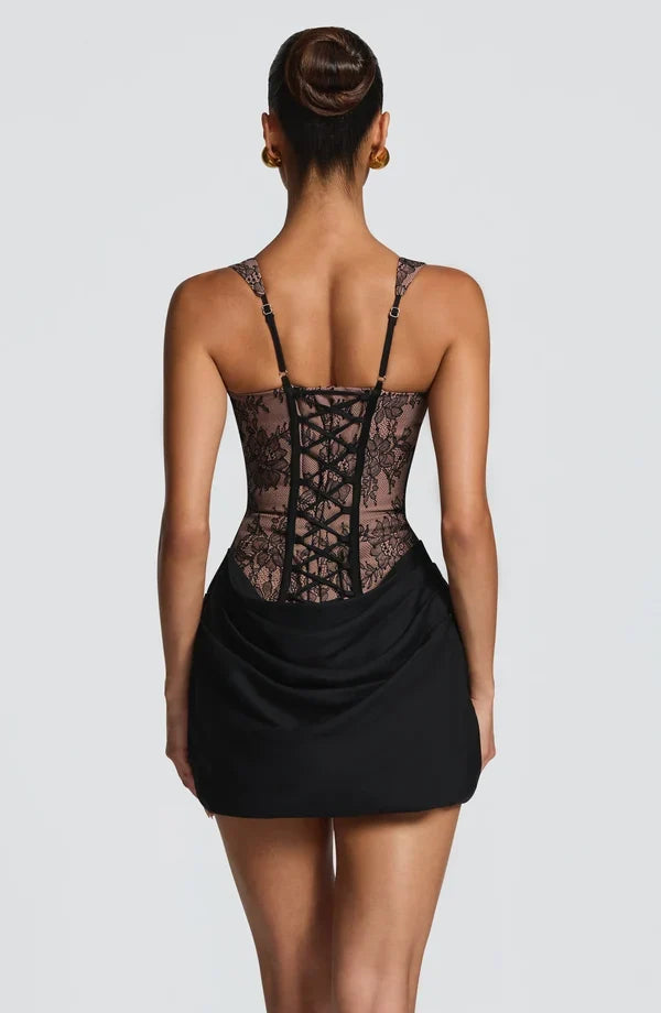 Corset homecoming mini dress with square neckline, lace-up back and draped skirt - view 15