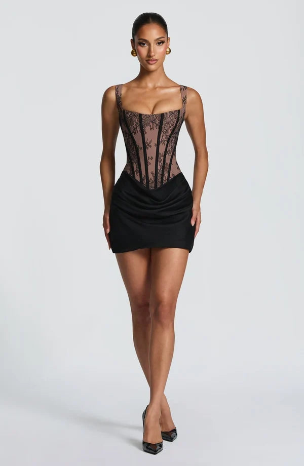 Corset homecoming mini dress with square neckline, lace-up back and draped skirt - view 16