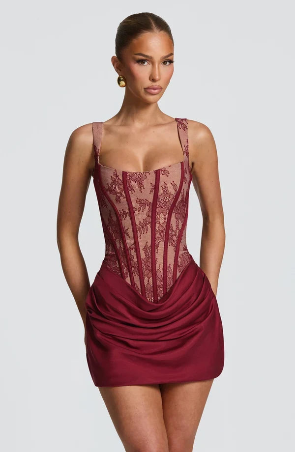 Corset homecoming mini dress with square neckline, lace-up back and draped skirt - view 17