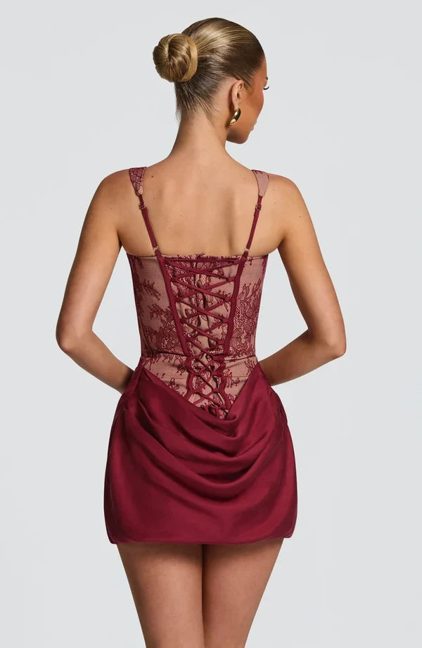 Corset homecoming mini dress with square neckline, lace-up back and draped skirt - view 18