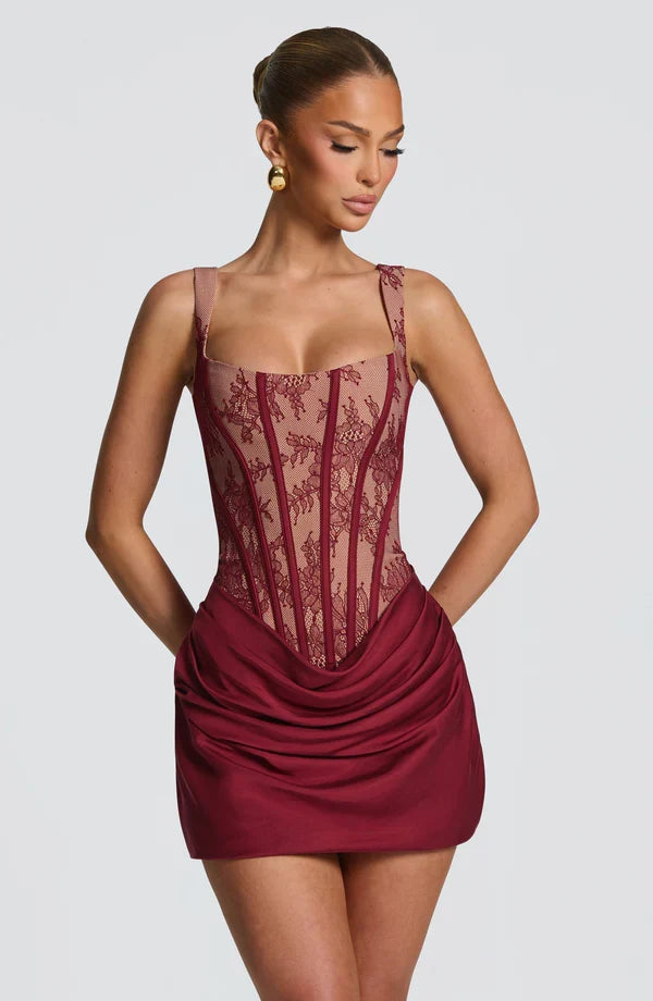 Corset homecoming mini dress with square neckline, lace-up back and draped skirt - view 19