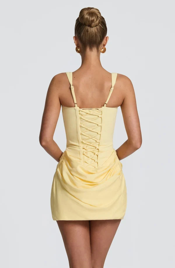 Corset homecoming mini dress with square neckline, lace-up back and draped skirt - view 2