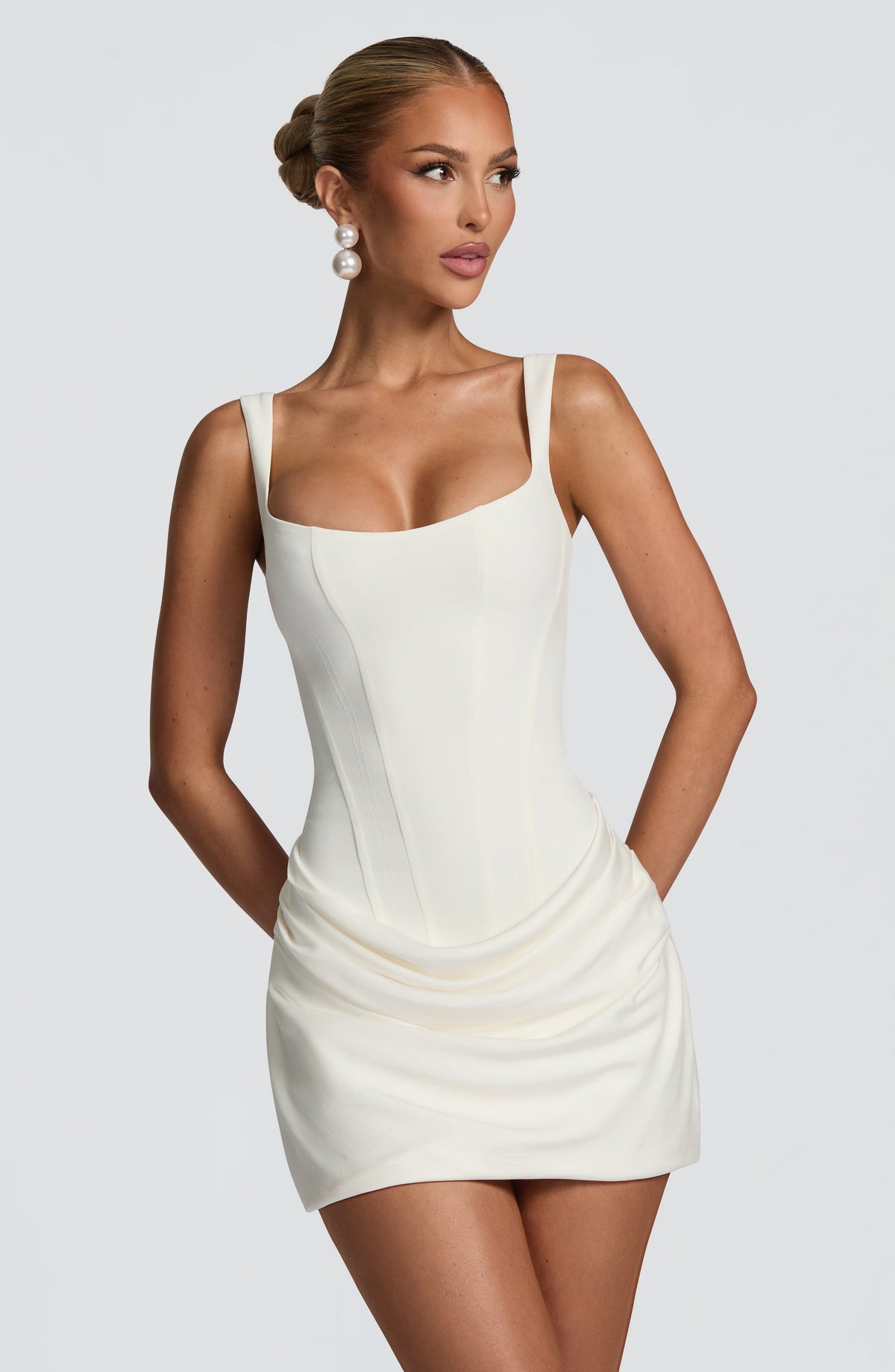 Corset homecoming mini dress with square neckline, lace-up back and draped skirt - view 4