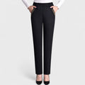 Women's elastic waist straight leg jeans with embroidered side pocket trim and pressed front crease