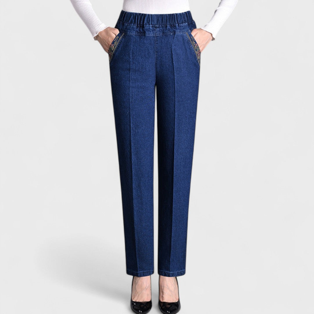 Women's elastic waist straight leg jeans with embroidered side pocket trim and pressed front crease - view 2