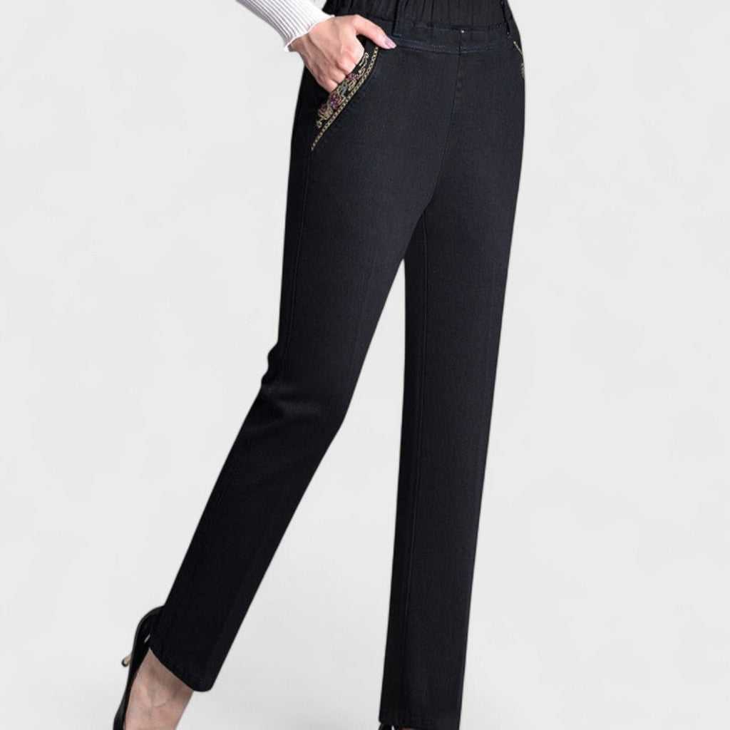 Women's elastic waist straight leg jeans with embroidered side pocket trim and pressed front crease - view 3