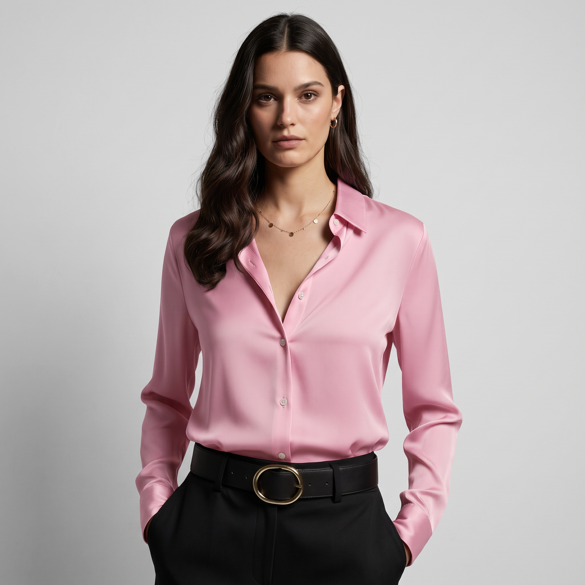 Women's satin button up shirt with point collar and long sleeves - view 10