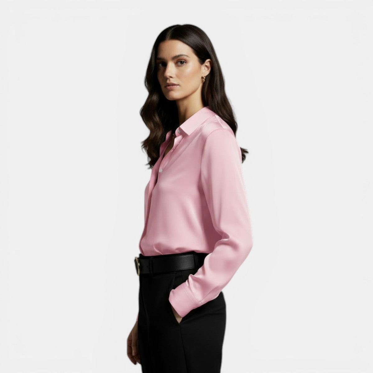 Women's satin button up shirt with point collar and long sleeves - view 11