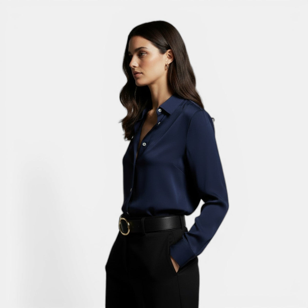 Women's satin button up shirt with point collar and long sleeves - view 2