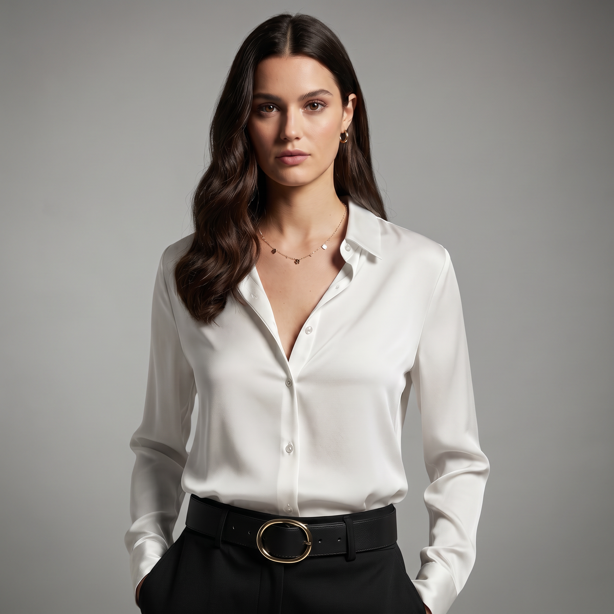 Women's satin button up shirt with point collar and long sleeves - view 7