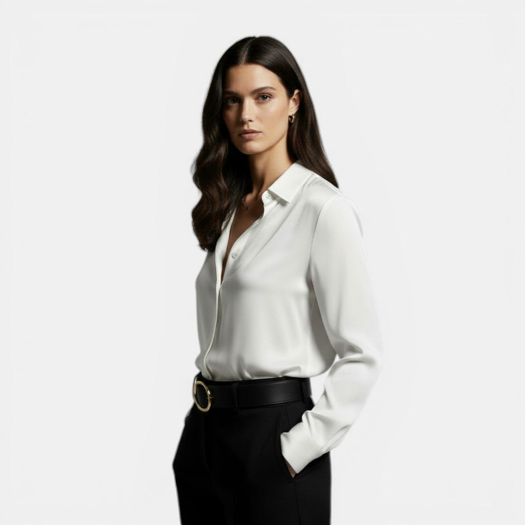 Women's satin button up shirt with point collar and long sleeves - view 8