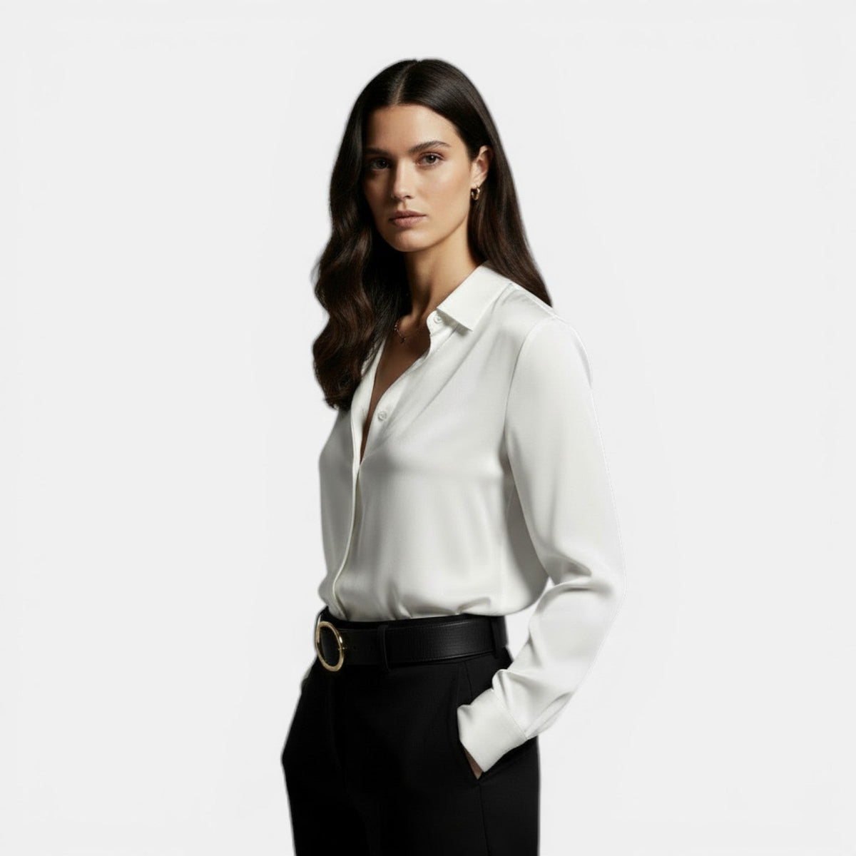 Women's satin button up shirt with point collar and long sleeves - view 8