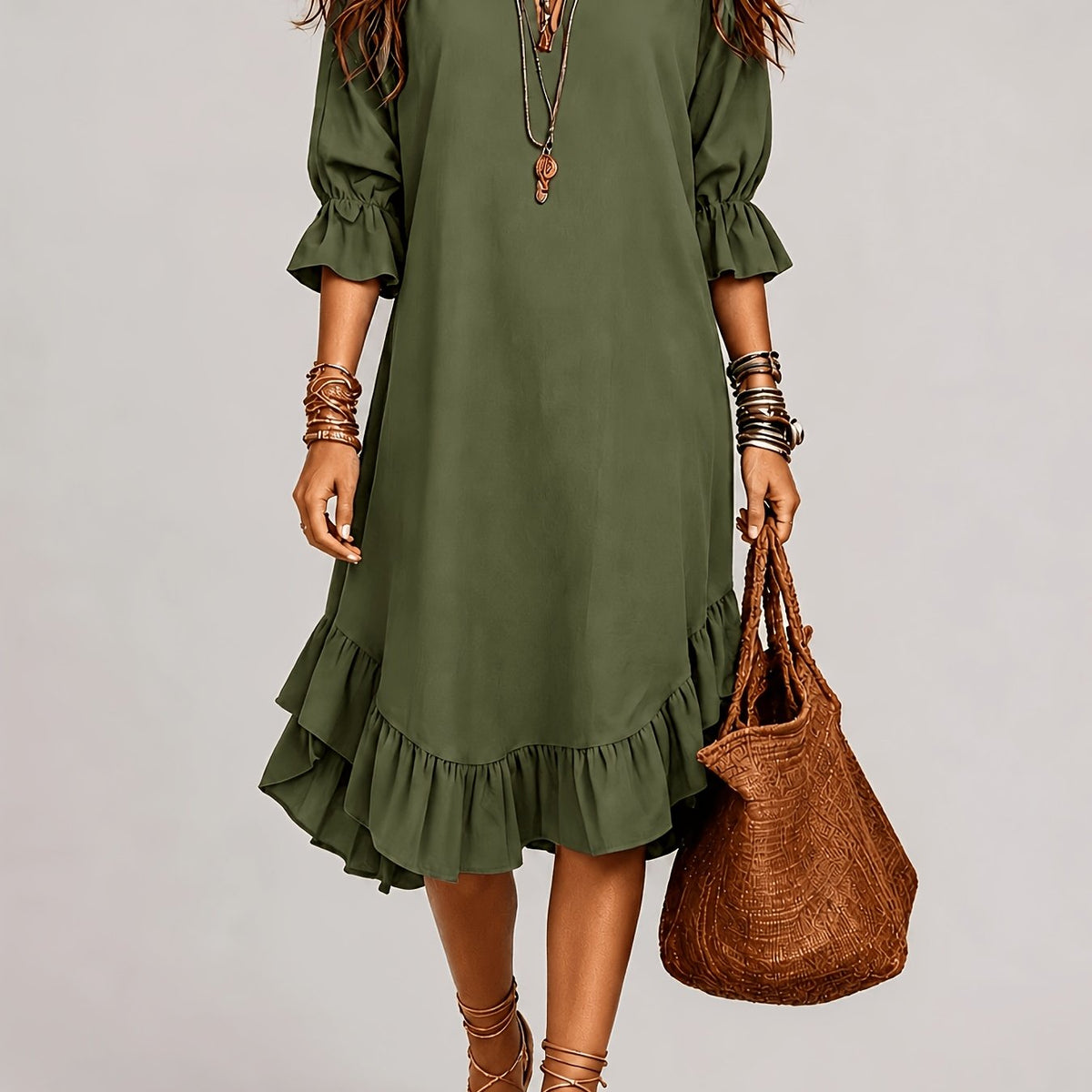 Blakely | Ruffle Sleeve V-Neck Midi Dress