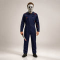 Navy coverall horror Halloween costume with full-head mask and prop knife