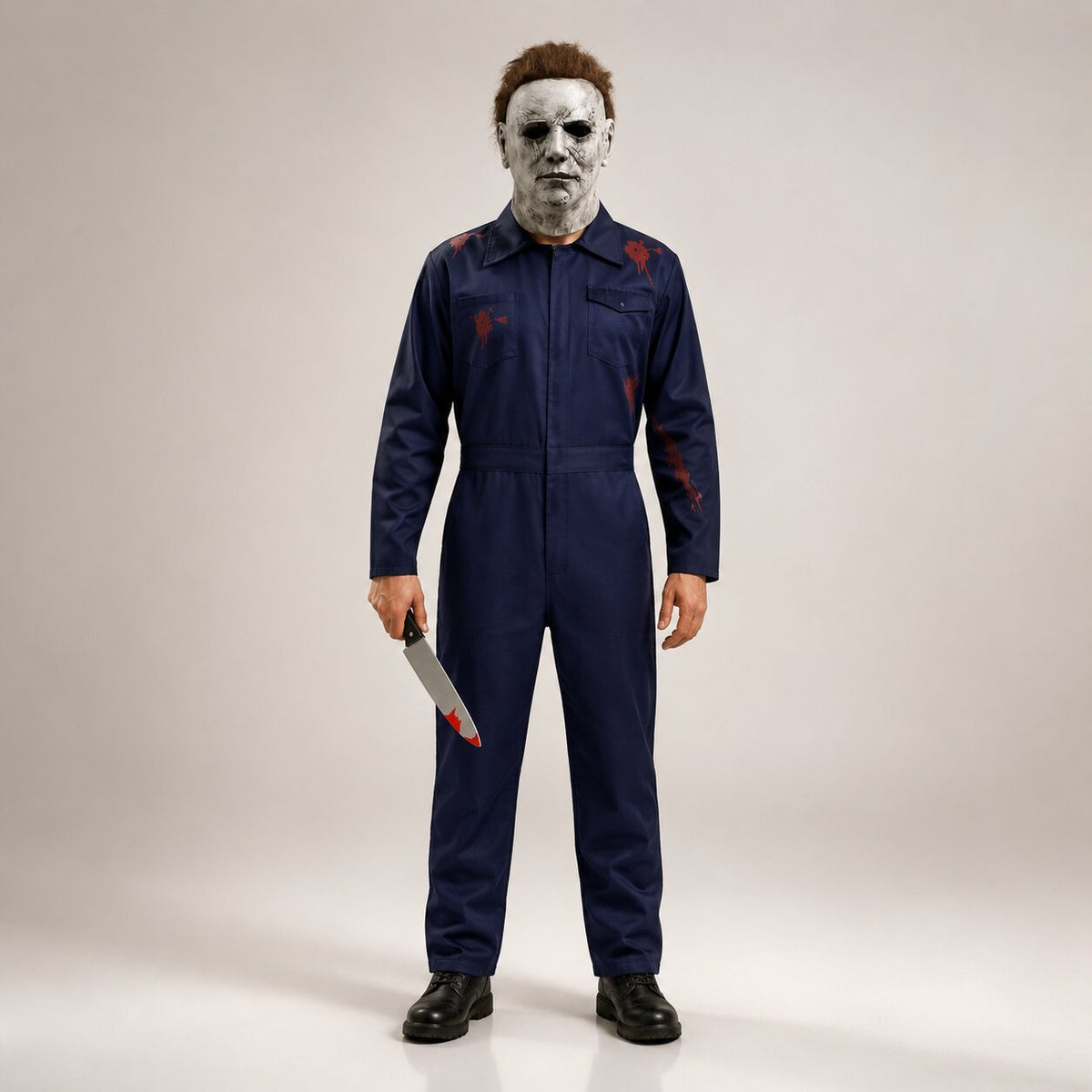 Navy coverall horror Halloween costume with full-head mask and prop knife