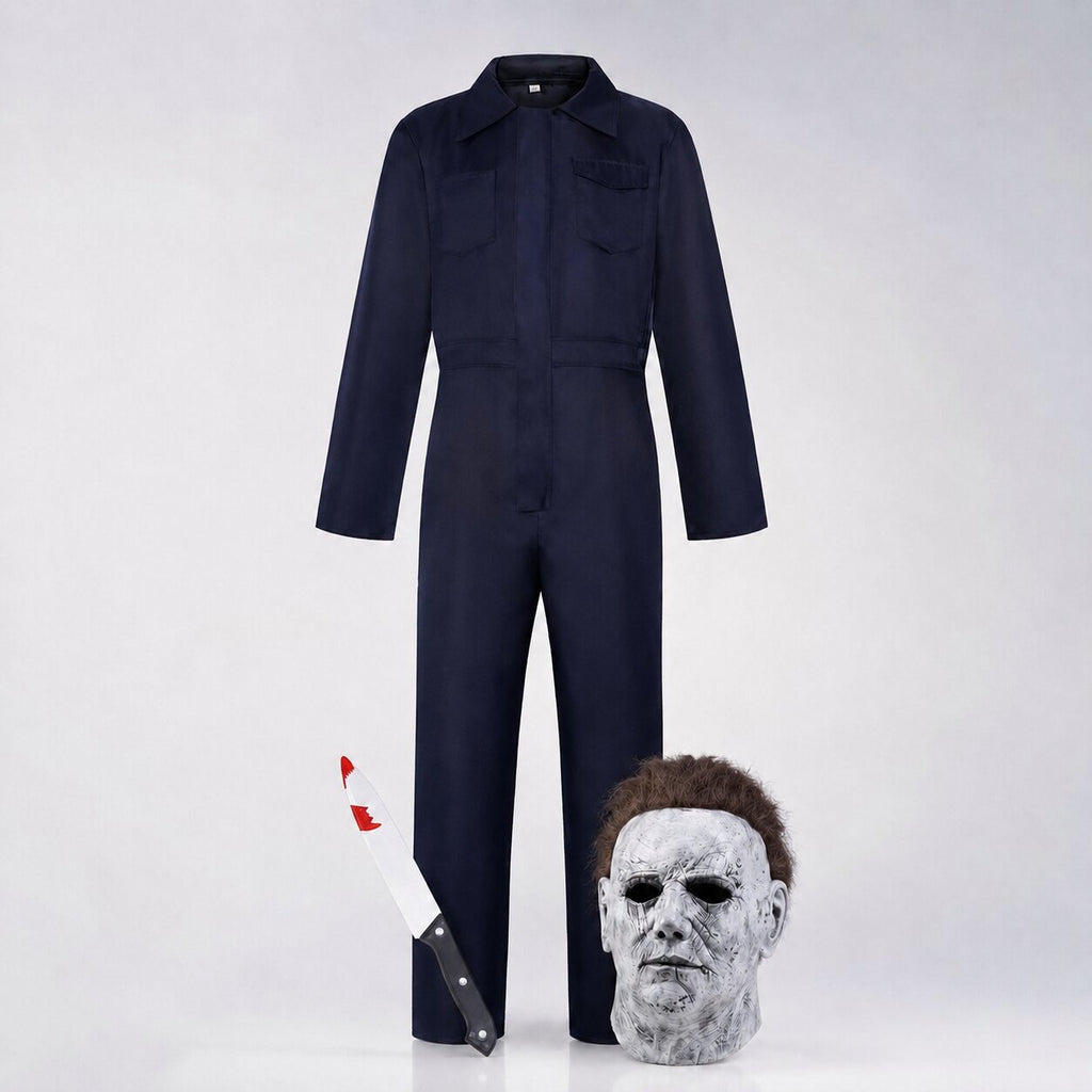 Navy coverall horror Halloween costume with full-head mask and prop knife - view 2