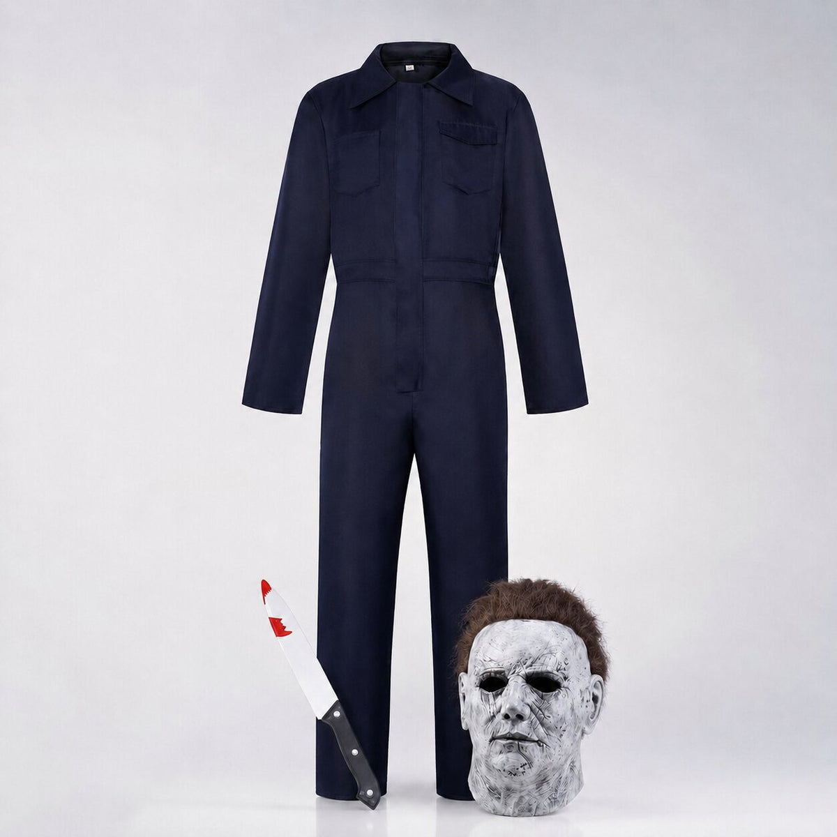 Navy coverall horror Halloween costume with full-head mask and prop knife - view 2