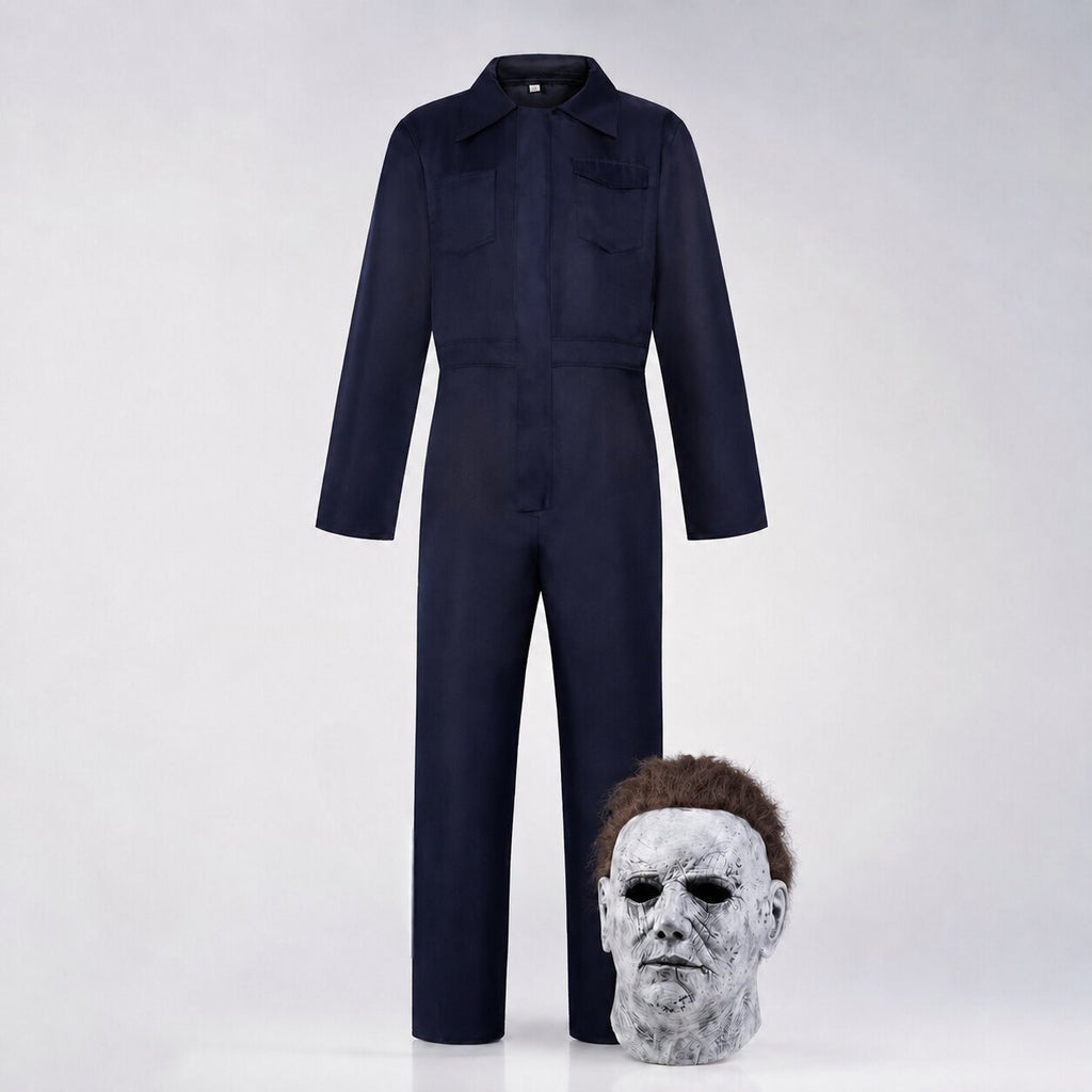 Navy coverall horror Halloween costume with full-head mask and prop knife - view 3