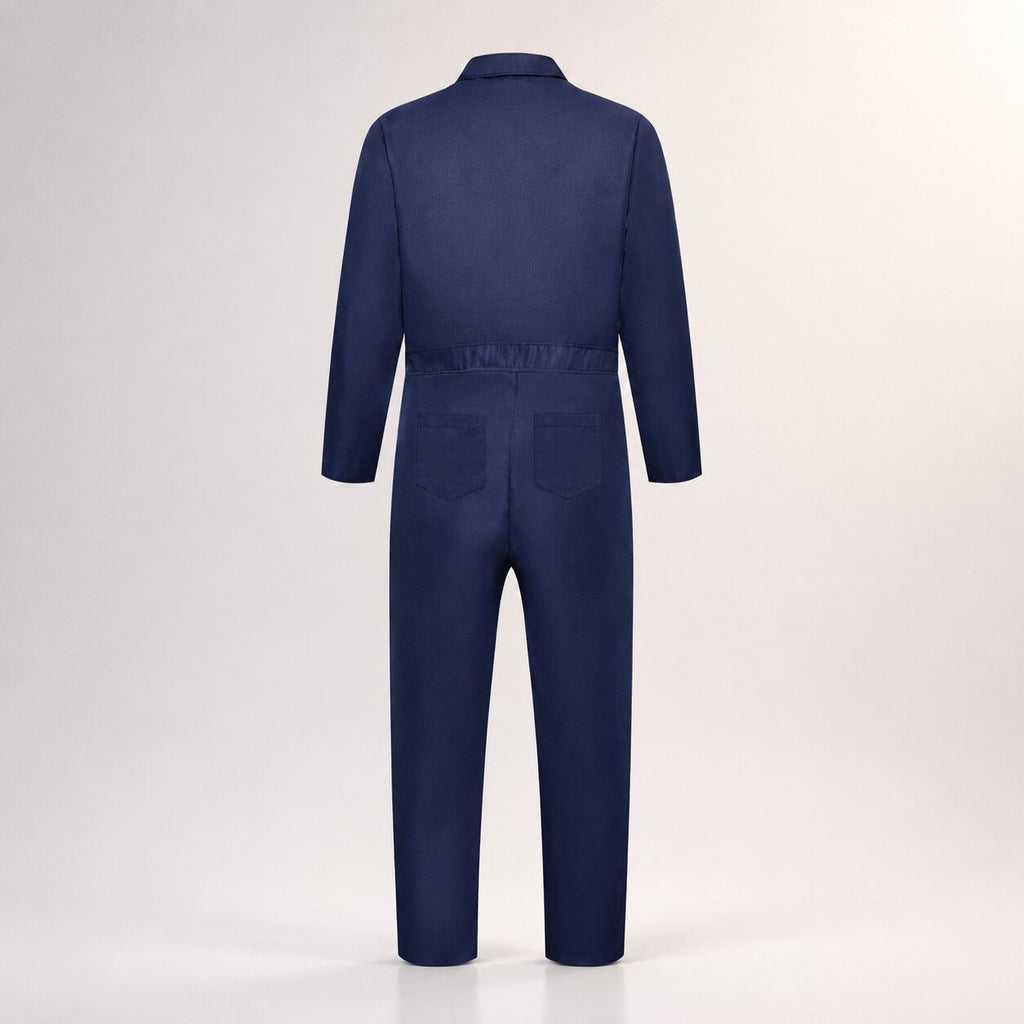 Navy coverall horror Halloween costume with full-head mask and prop knife - view 4