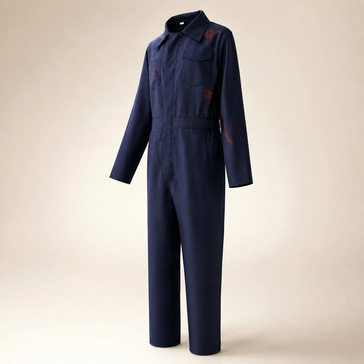 Navy coverall horror Halloween costume with full-head mask and prop knife - view 5