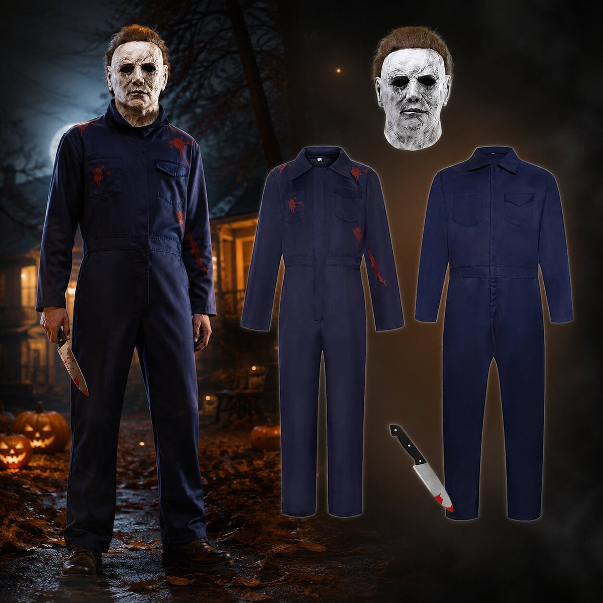 Navy coverall horror Halloween costume with full-head mask and prop knife - view 6