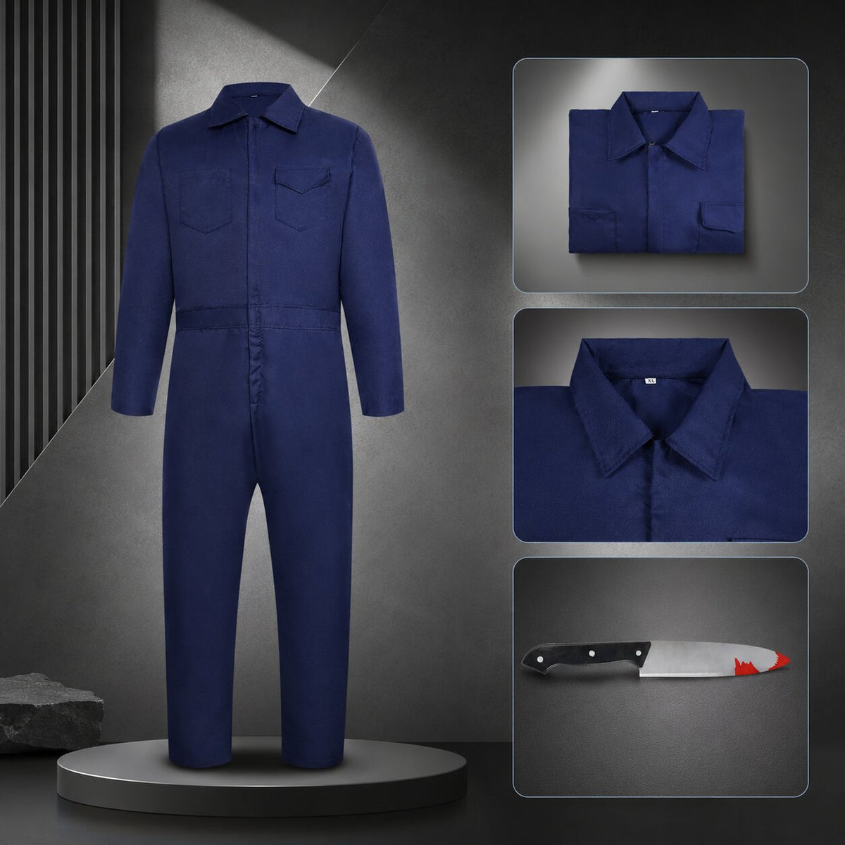 Navy coverall horror Halloween costume with full-head mask and prop knife - view 7