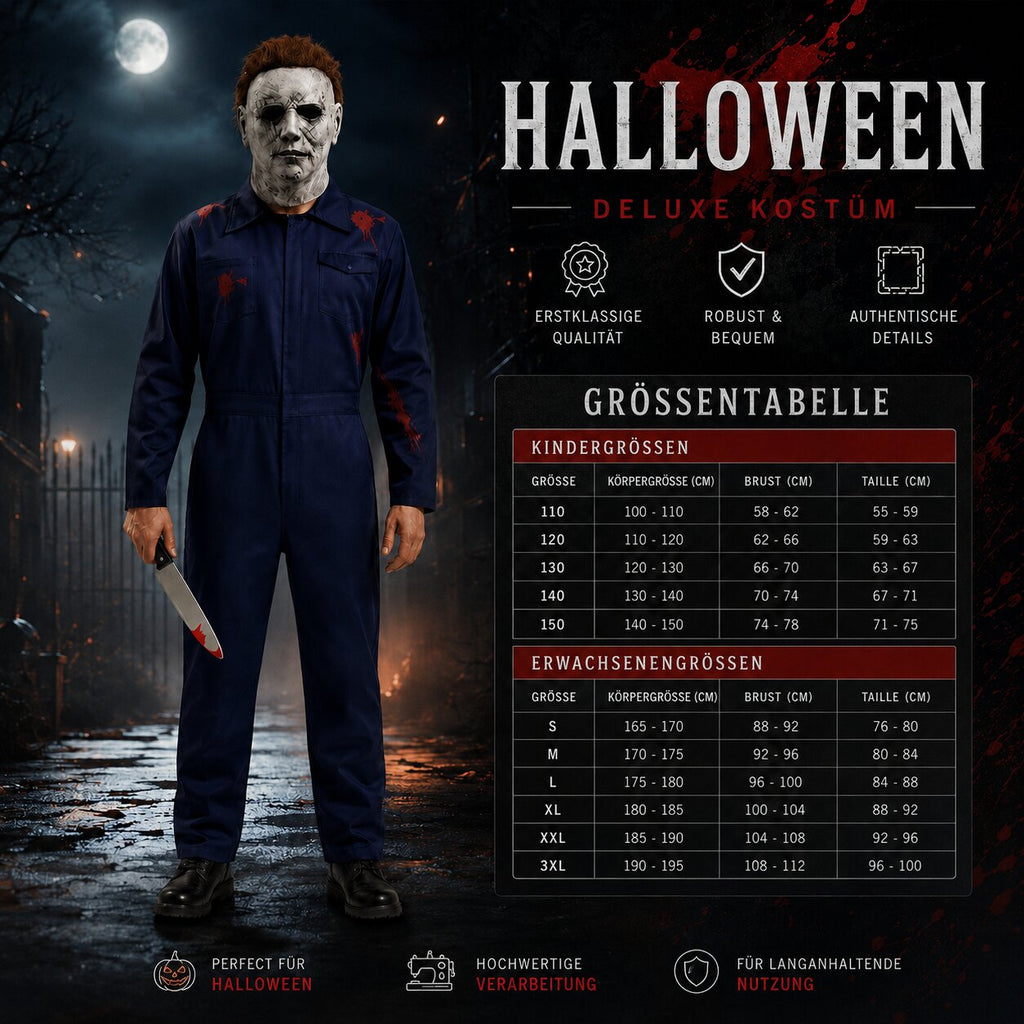 Navy coverall horror Halloween costume with full-head mask and prop knife - view 8