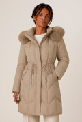 Women's longline quilted puffer jacket with faux fur trimmed hood and drawstring waist