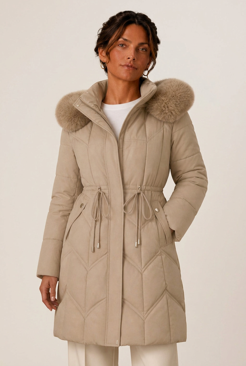 Women's longline quilted puffer jacket with faux fur trimmed hood and drawstring waist